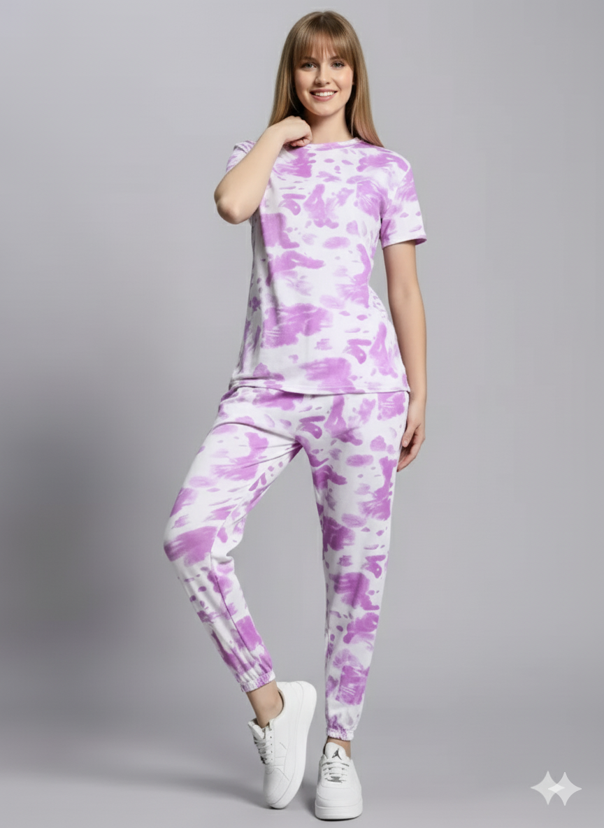 Casual Tie Dye Printed Nightsuit Set for Women (T-Shirt & Pyjama)