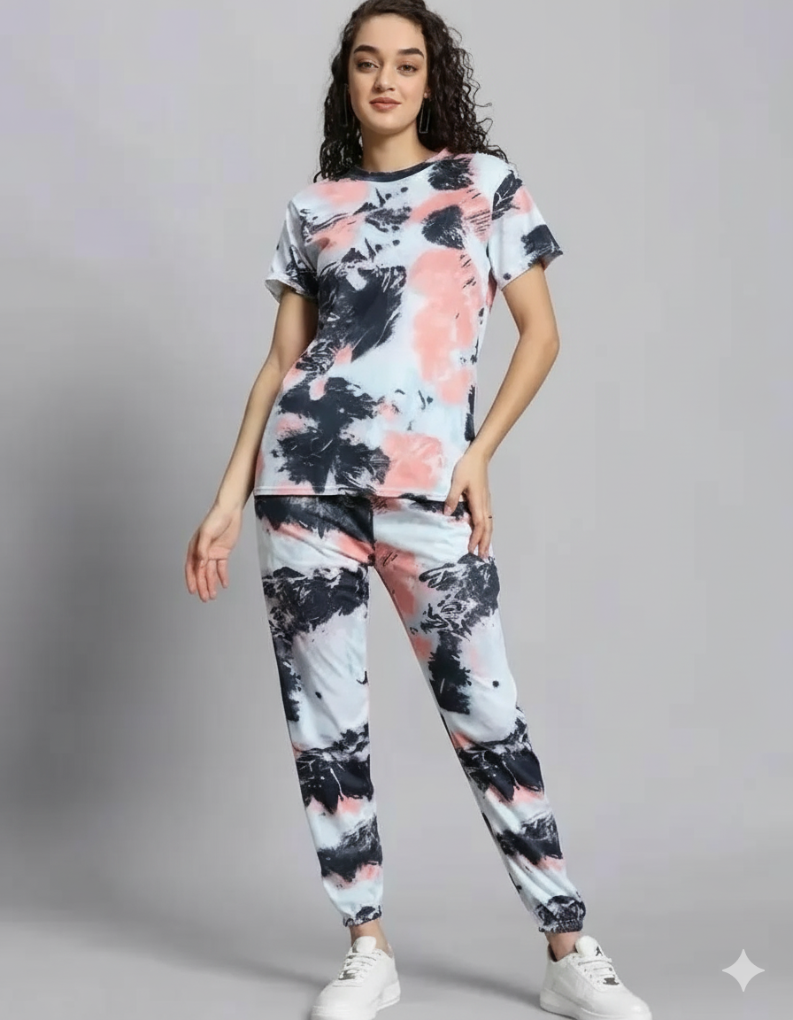 Casual Tie Dye Printed Nightsuit Set for Women (T-Shirt &amp; Pyjama)