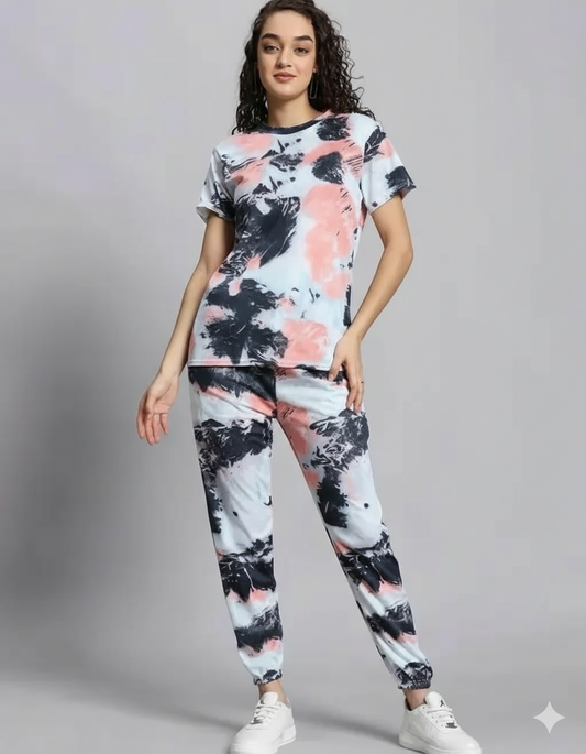 Casual Tie Dye Printed Nightsuit Set for Women (T-Shirt &amp; Pyjama)
