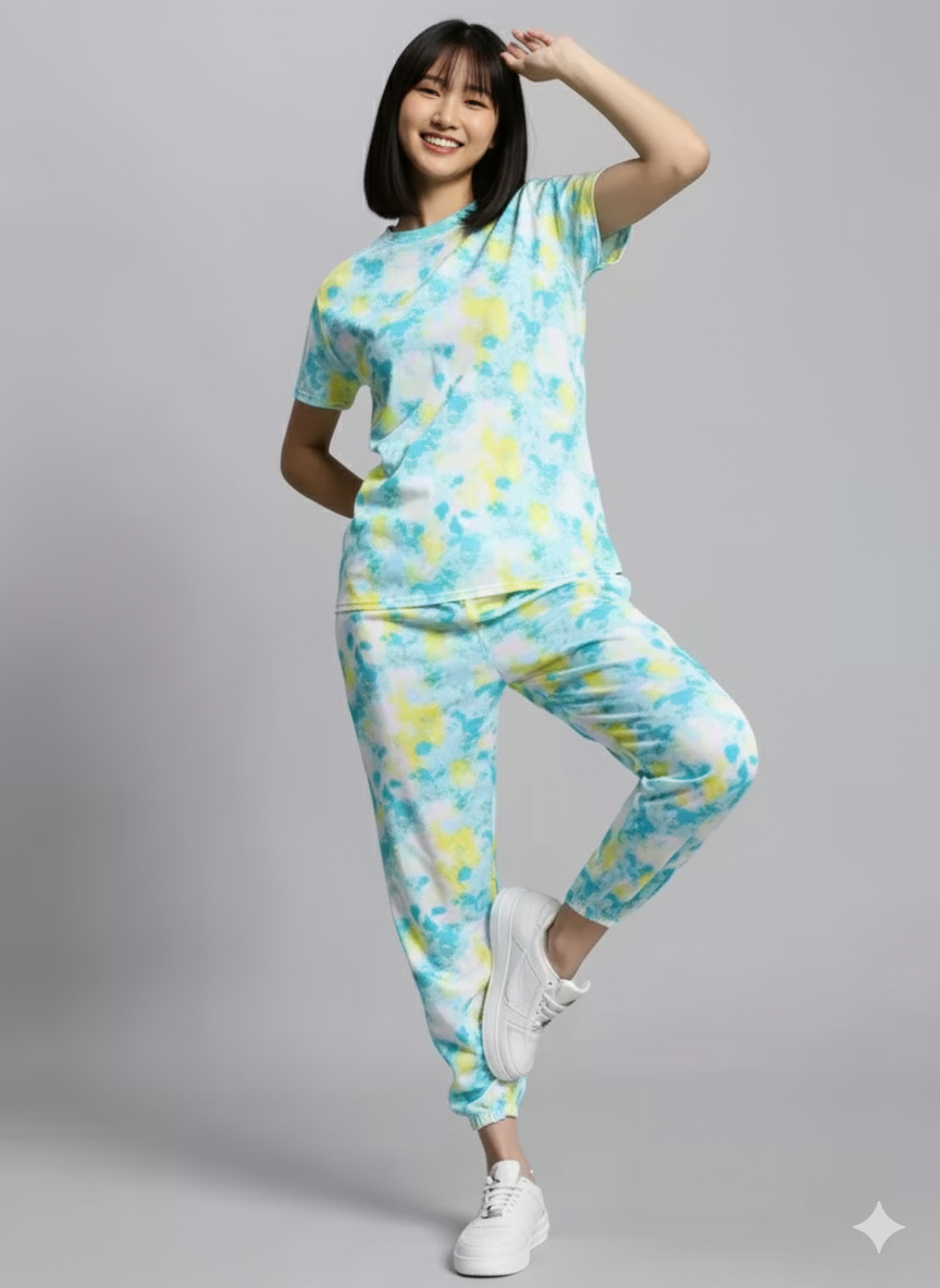 Casual Tie Dye Printed Nightsuit Set for Women (T-Shirt &amp; Pyjama)